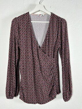 Boden JO245 Womens Elodie V-Neck Wrap Top Size 12 Long Sleeve Conker Ornate Tile